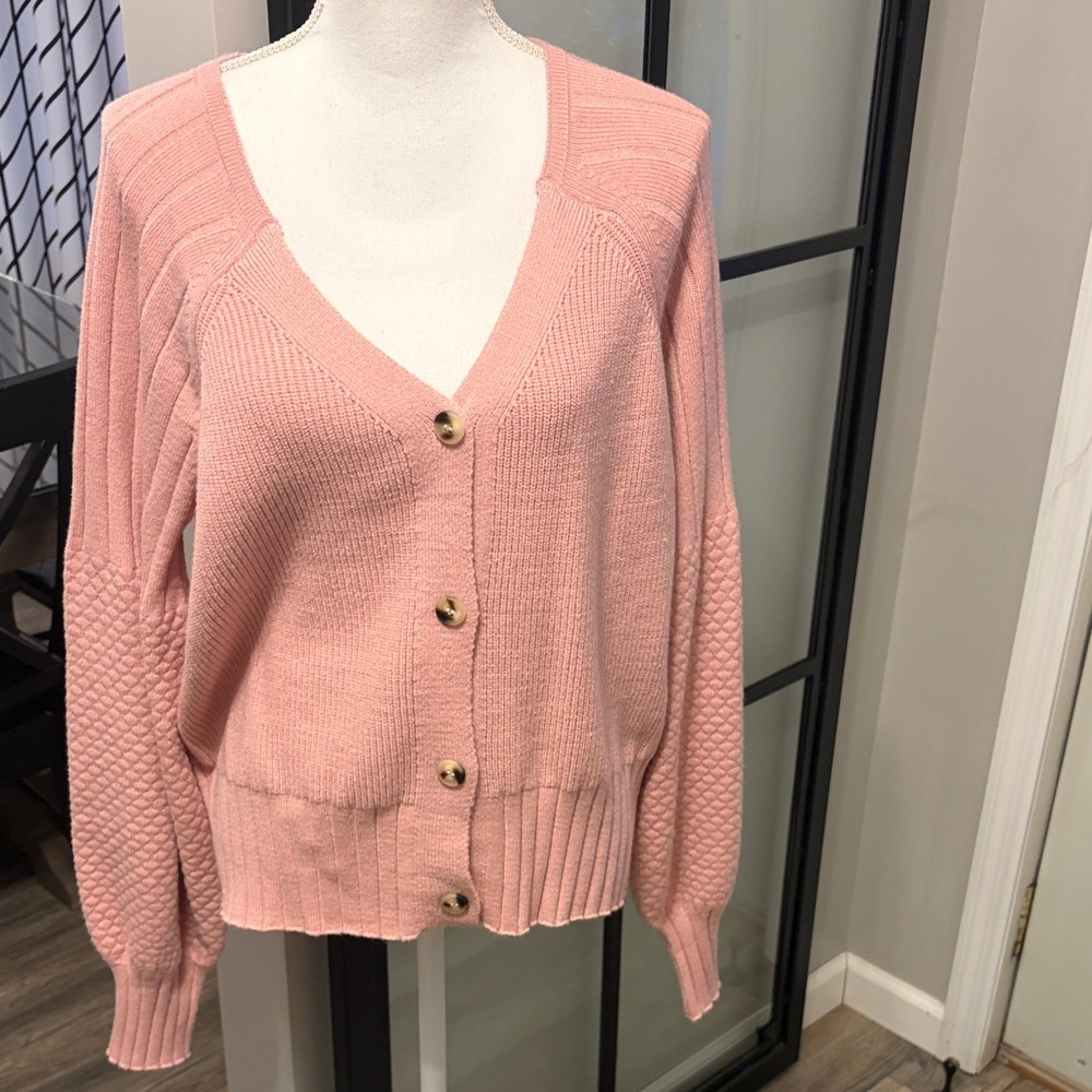 New With Tags…Boutique Pink Mixed Texture Sweater Cardigan…Size Medium